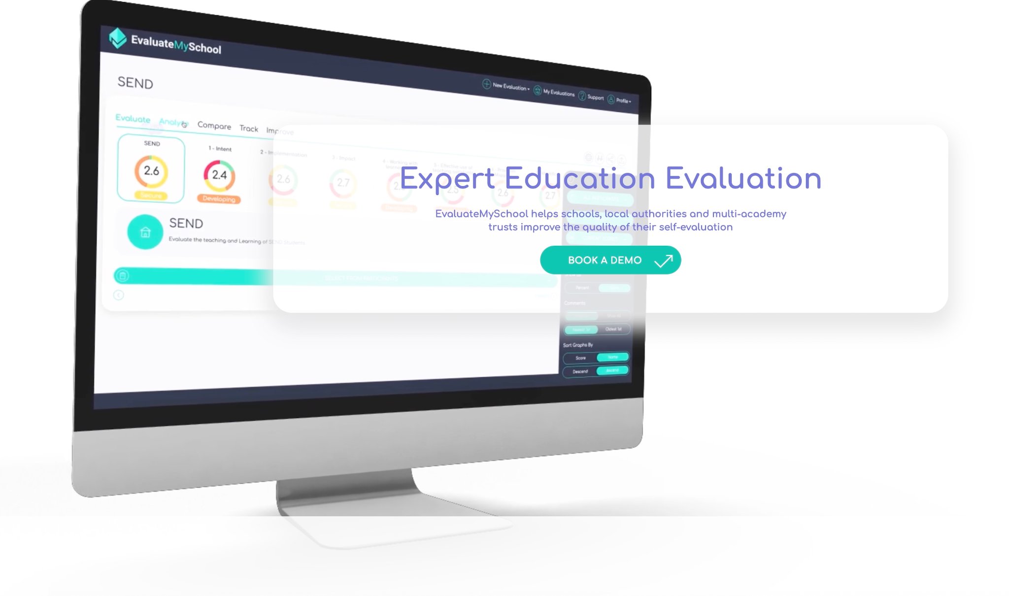 EvaluateMySchool platform dashboard shown on iMac screen